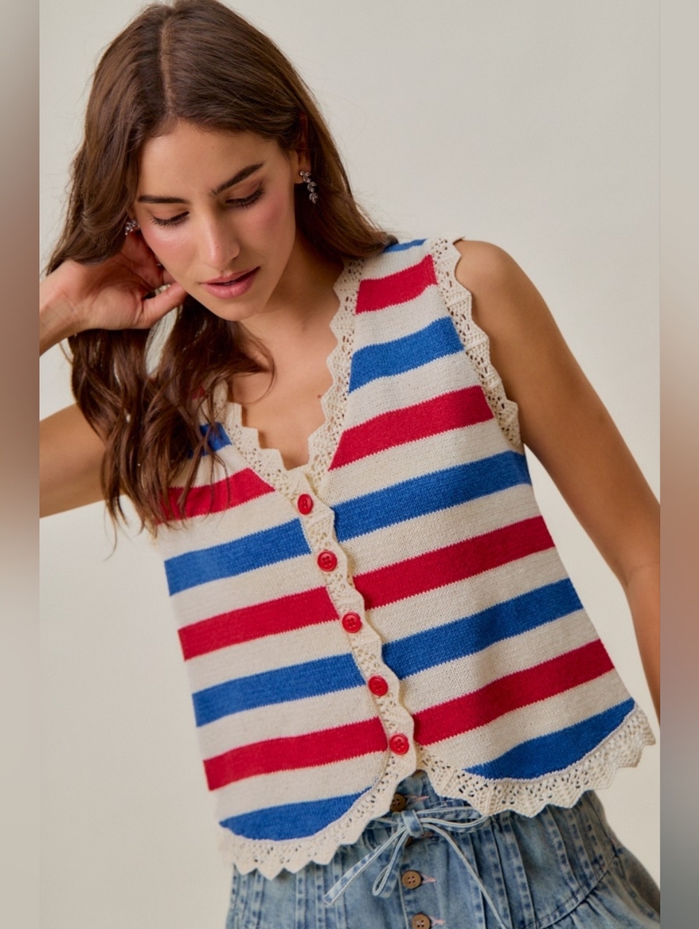 SO ME Fourth Of July Stripe Button Down Vest Top